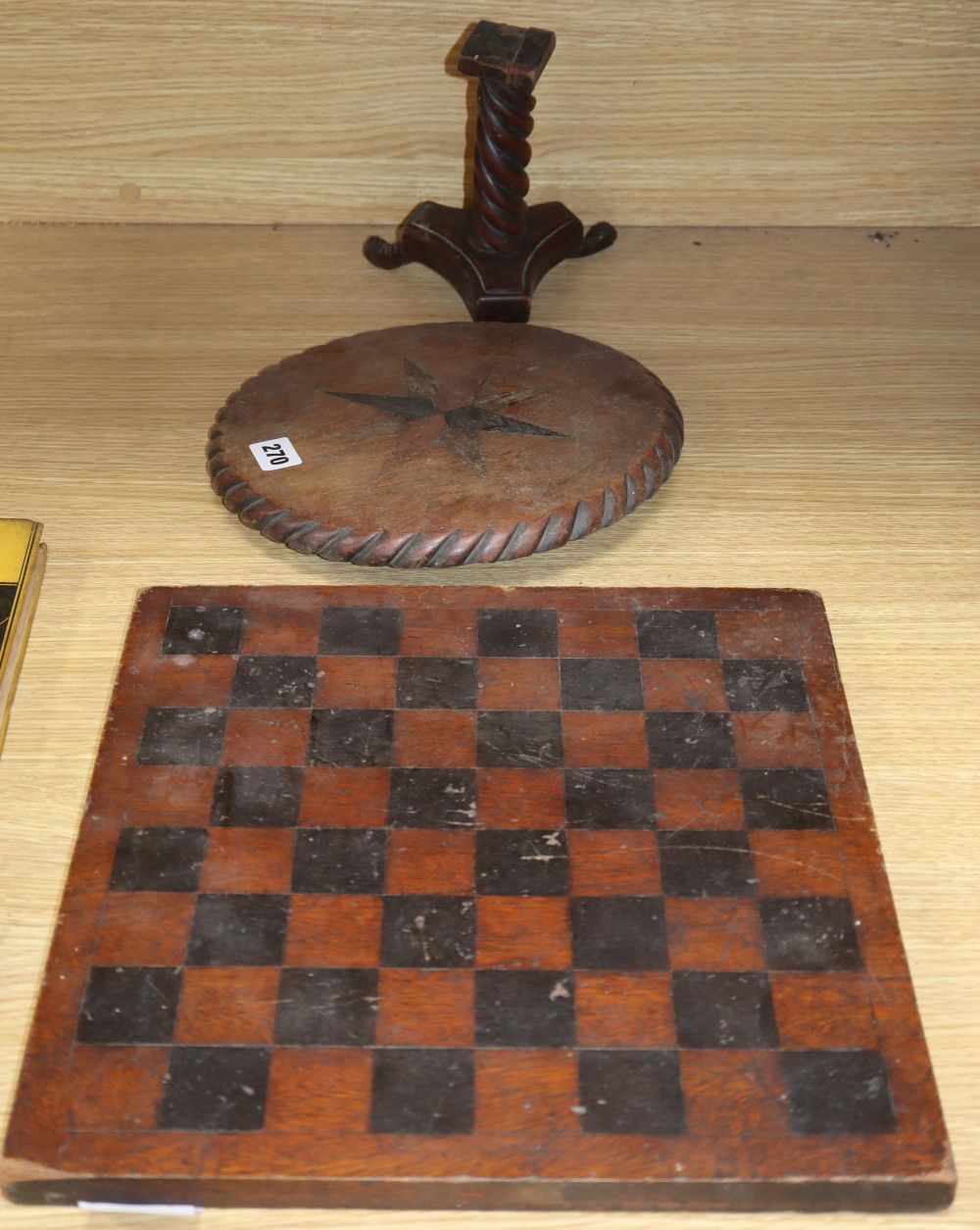 A Victorian miniature table, with inlaid top and a chessboard, 34cm sq.